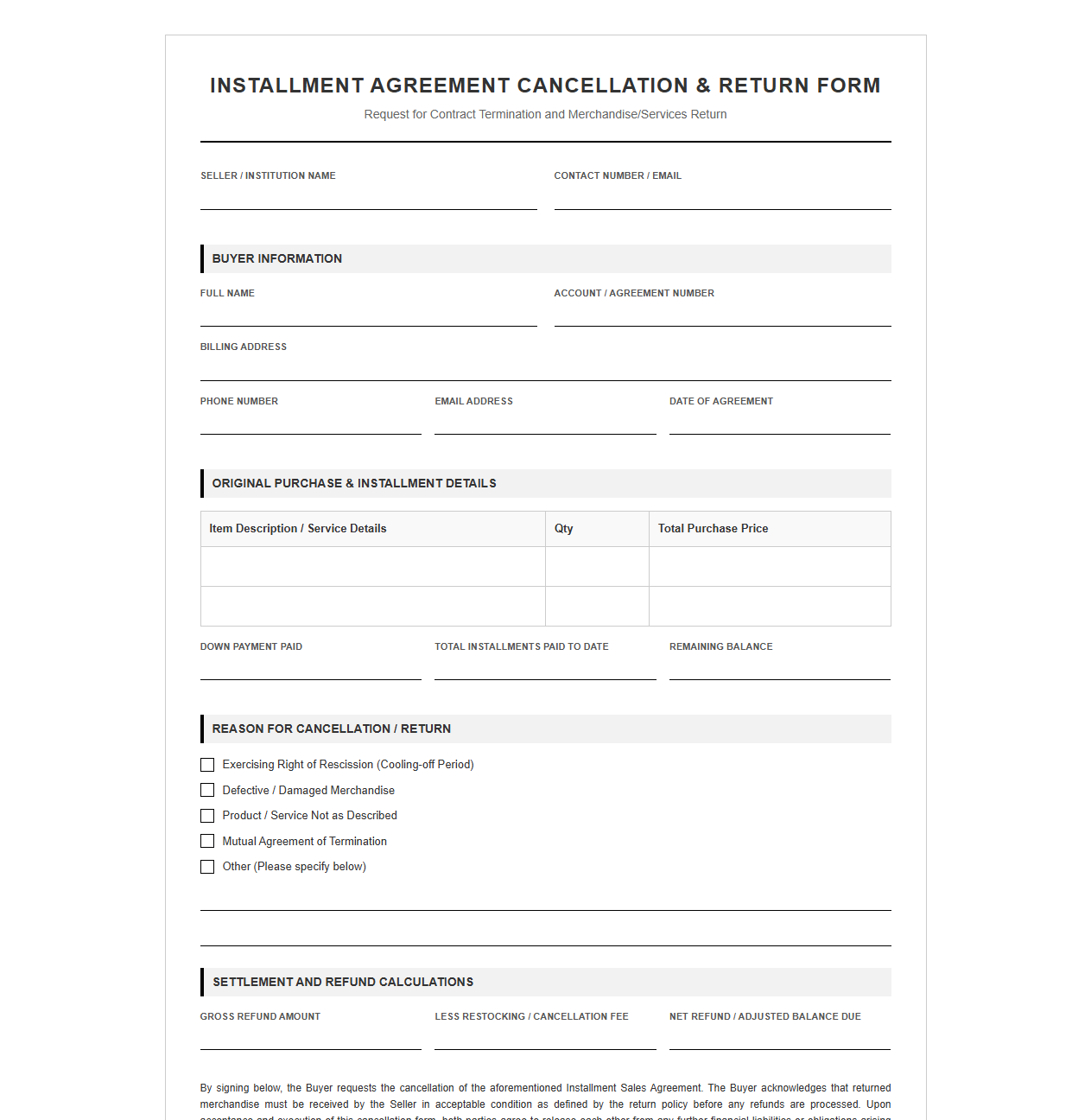 Installment Agreement Cancellation and Return Form