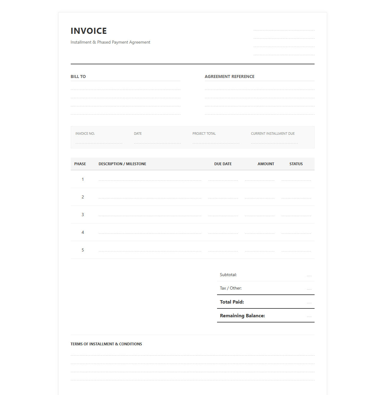 Installment Agreement Invoice Template