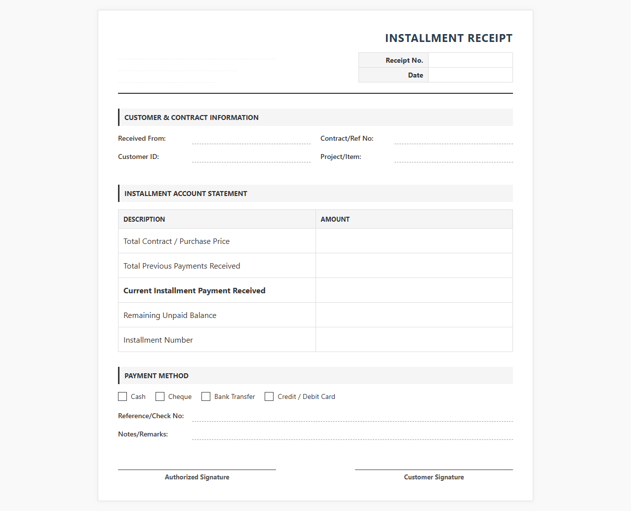 Installment Payment Receipt Template