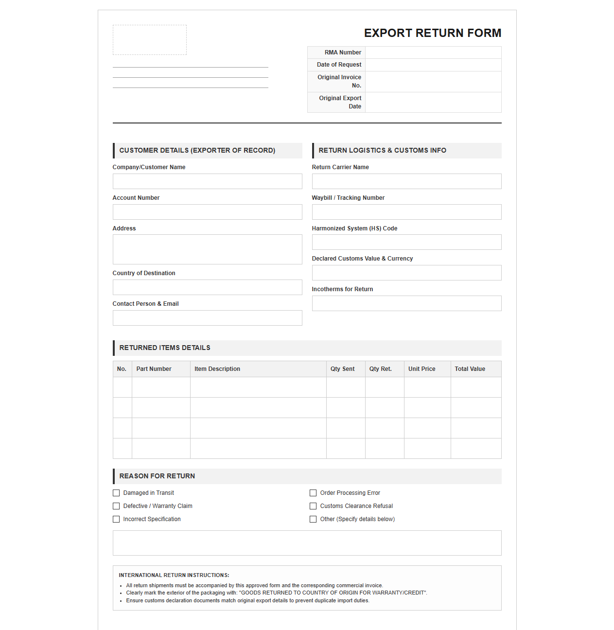 International Sales Return Form Template
