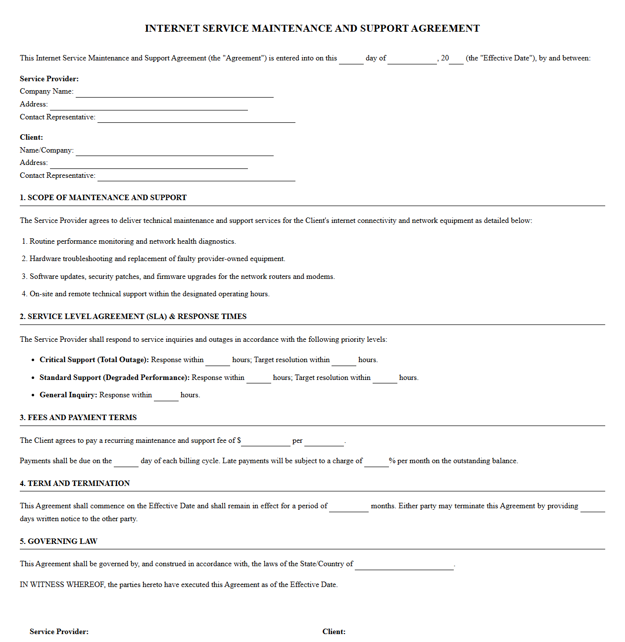 Internet Service Maintenance and Support Agreement