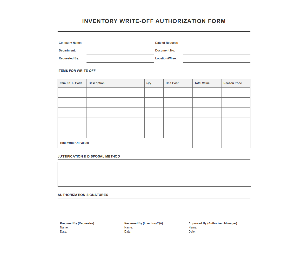 Inventory Write-Off Authorization Form