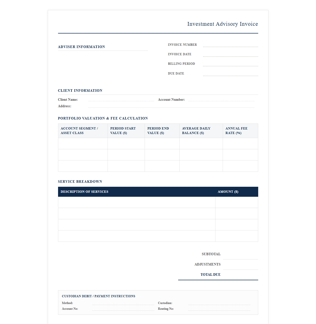 Investment Advisory Services Billing Template