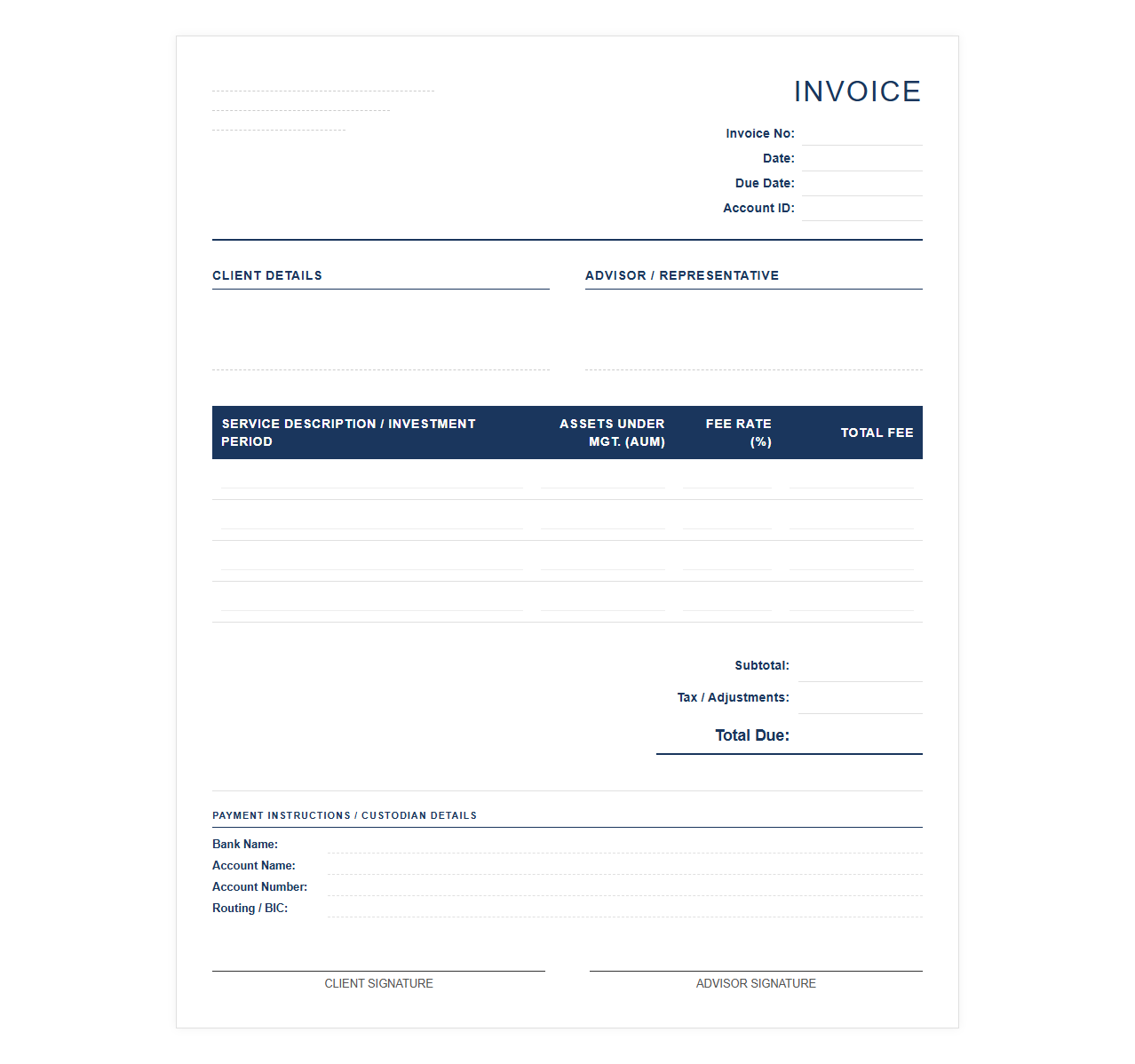 Investment Consultant Professional Fee Invoice