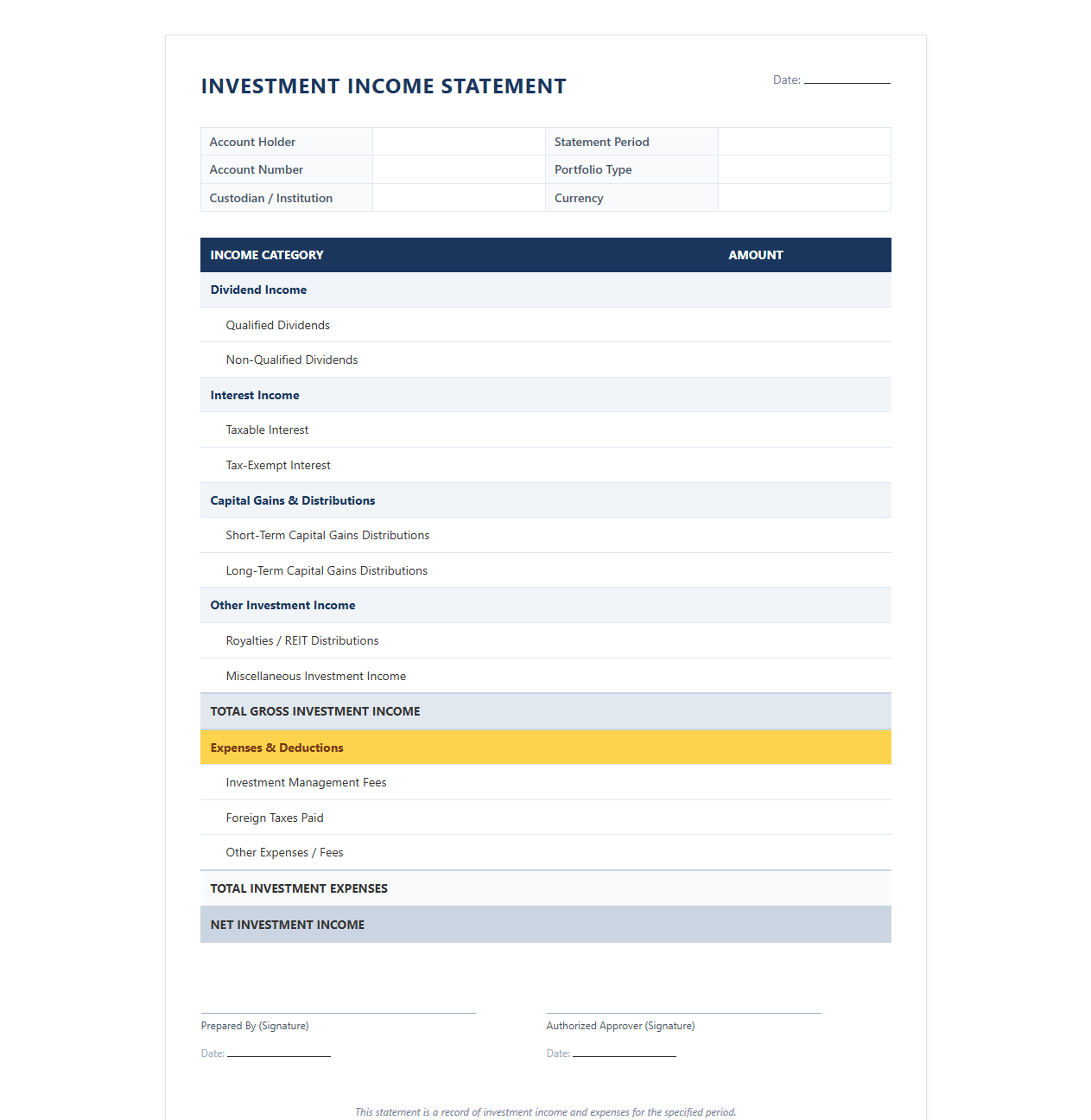Investment Income Statement Template