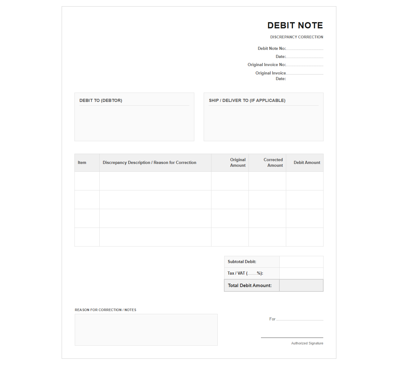 Invoice Discrepancy Correction Debit Note Template