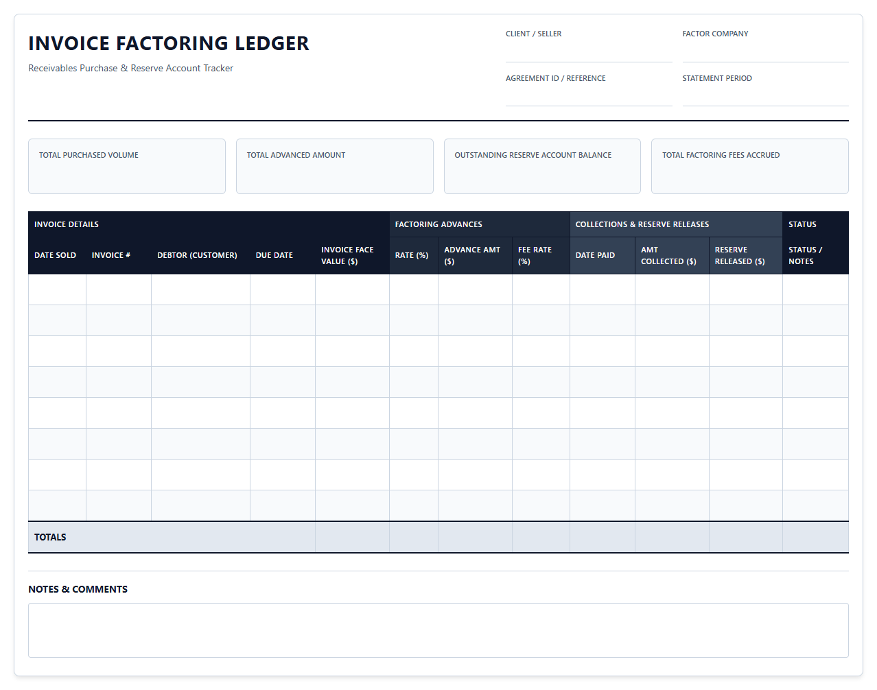Invoice Factoring Ledger Template