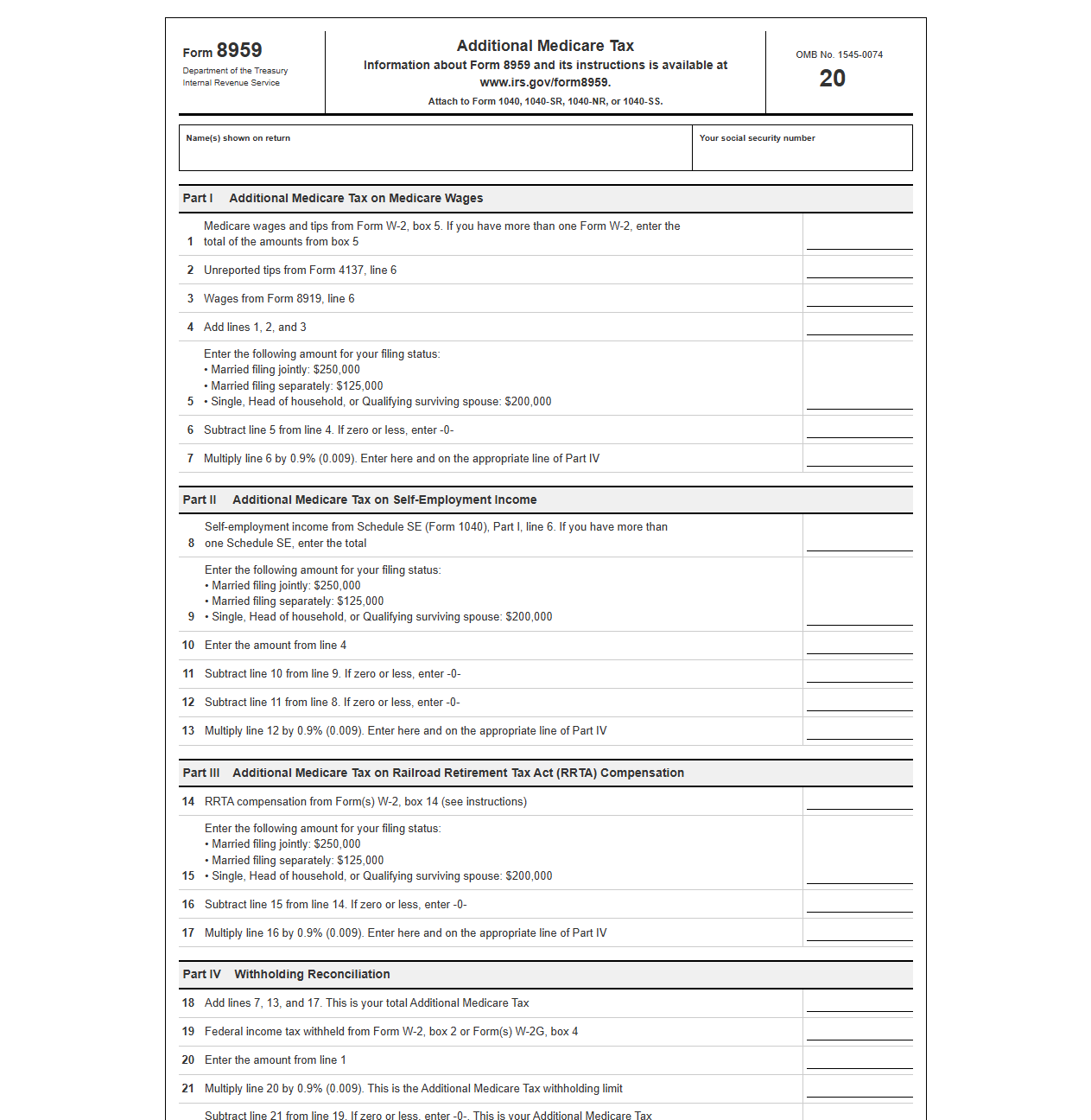 IRS Form 8959 Payroll Withholding Template