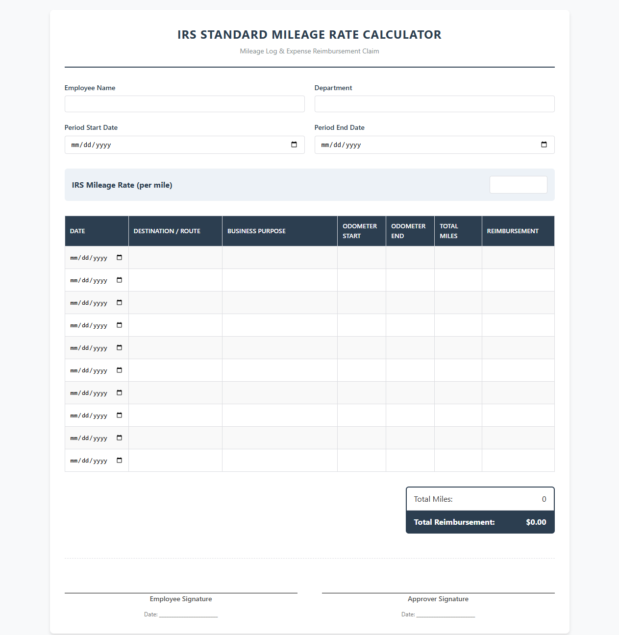 IRS Standard Mileage Rate Calculator