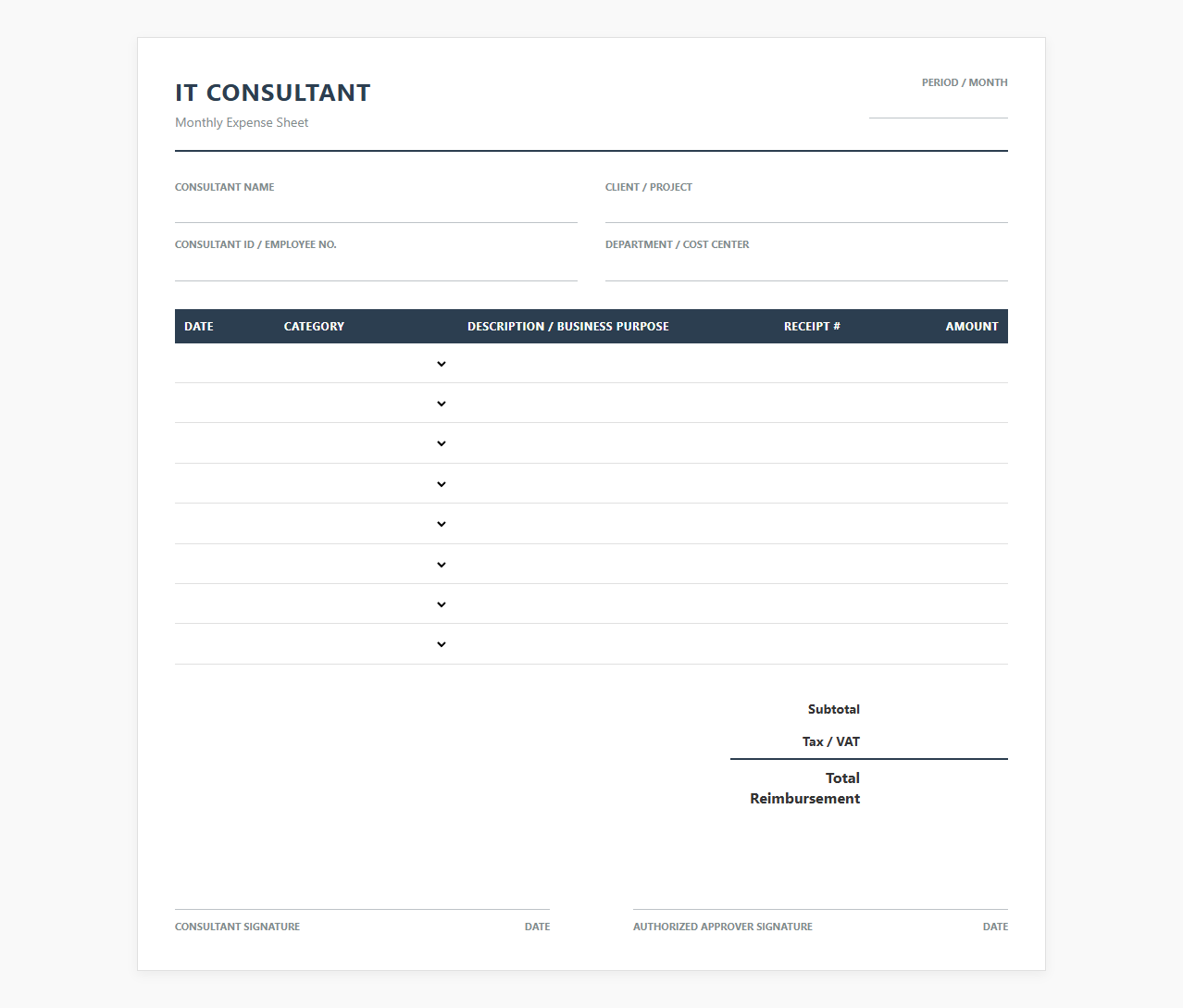 IT Consultant Monthly Expense Sheet