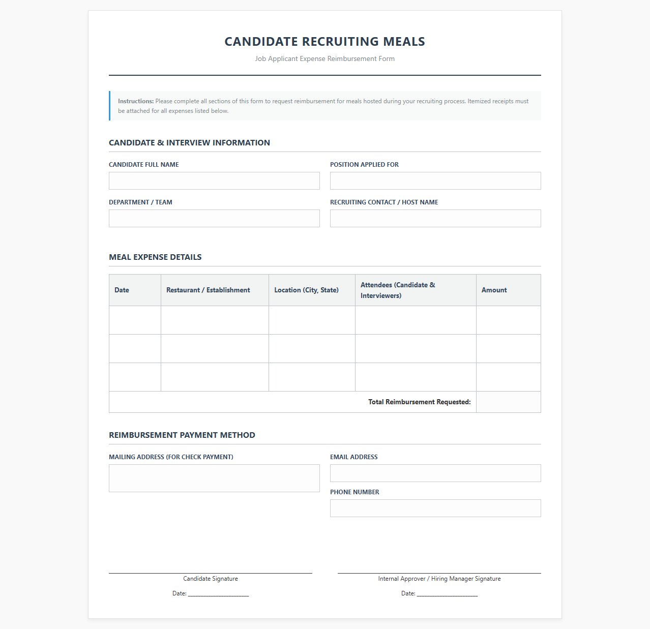 Job Applicant Meal Reimbursement Template