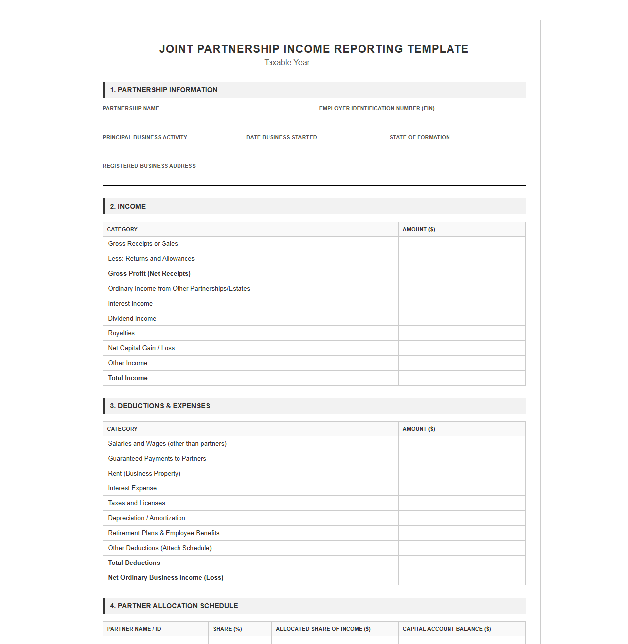Joint Partnership Income Reporting Template