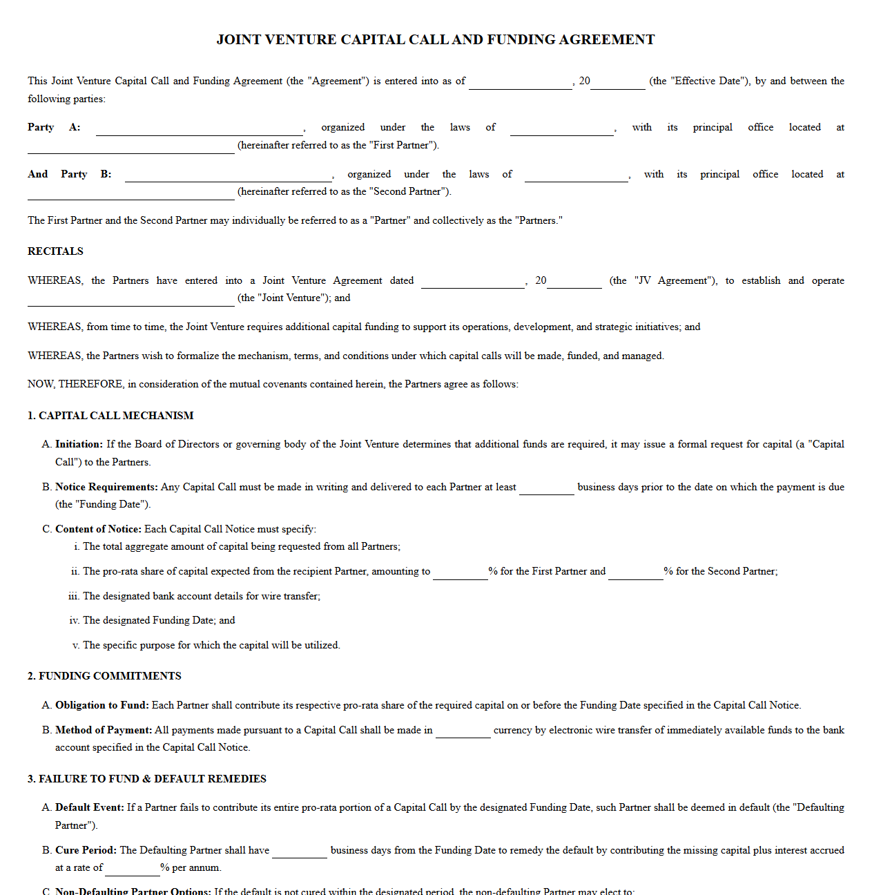 Joint Venture Capital Call and Funding Contract