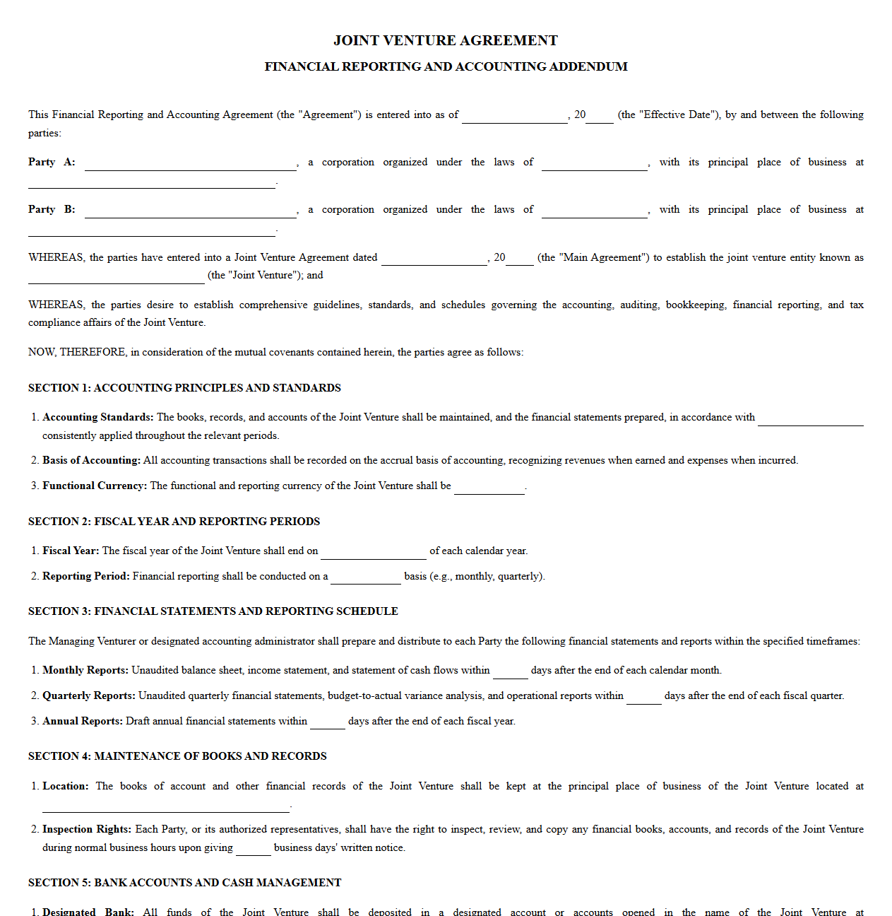 Joint Venture Financial Reporting and Accounting Agreement