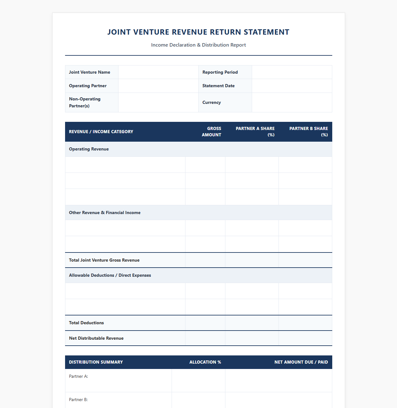 Joint Venture Revenue Return Statement Template
