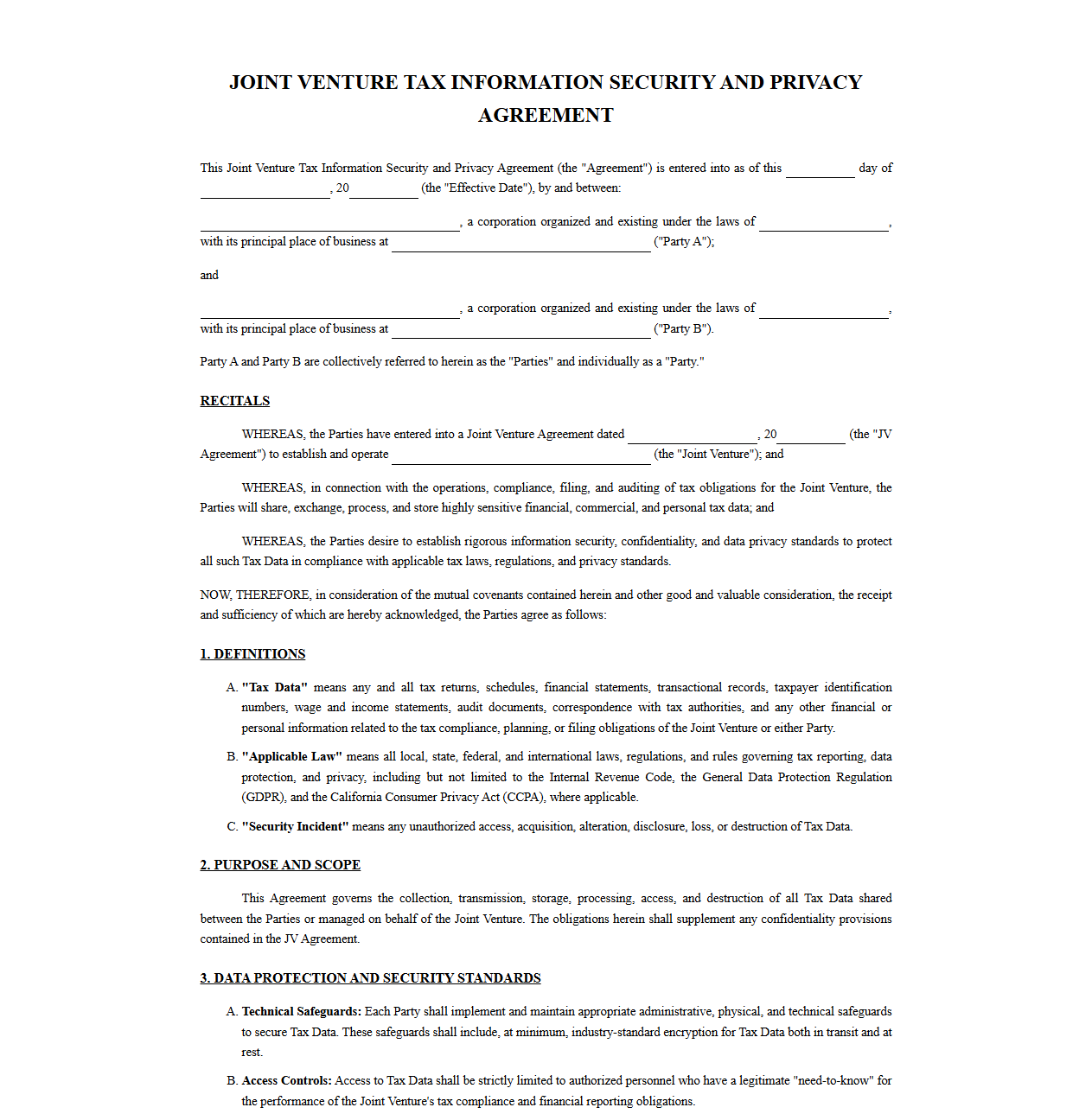 Joint Venture Tax Information Security and Privacy Agreement