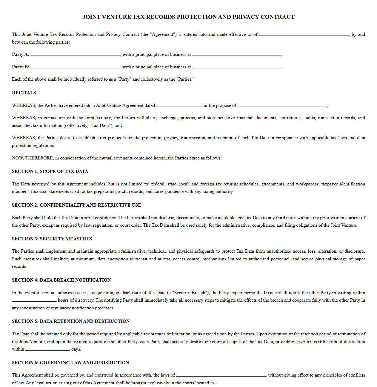 Joint Venture Tax Records Protection and Privacy Contract