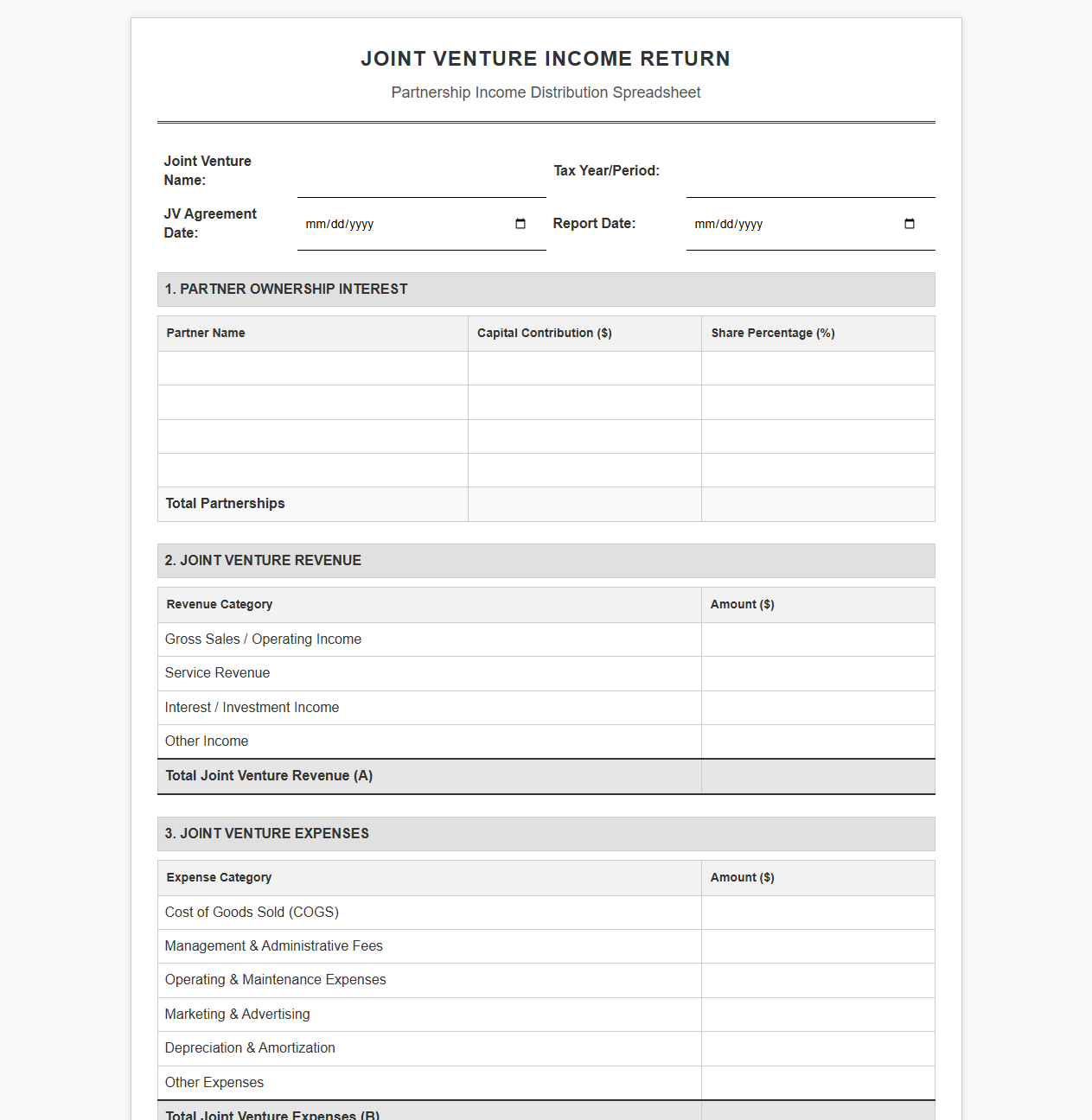 JV Partnership Income Return Spreadsheet