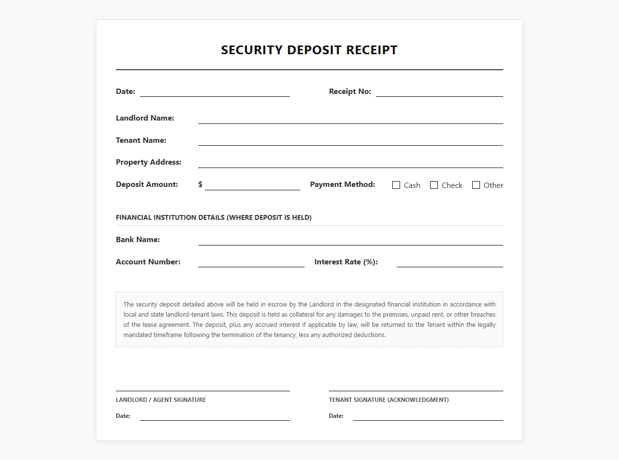 Landlord Security Deposit Receipt Document