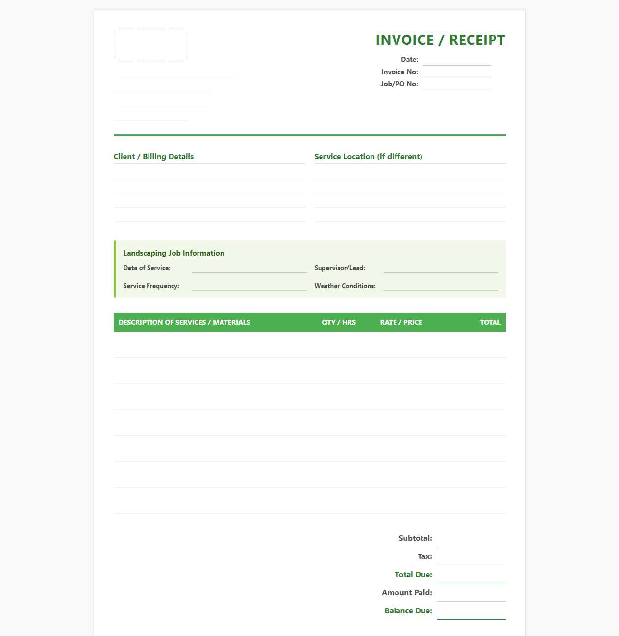 Landscaping Job Invoice and Receipt