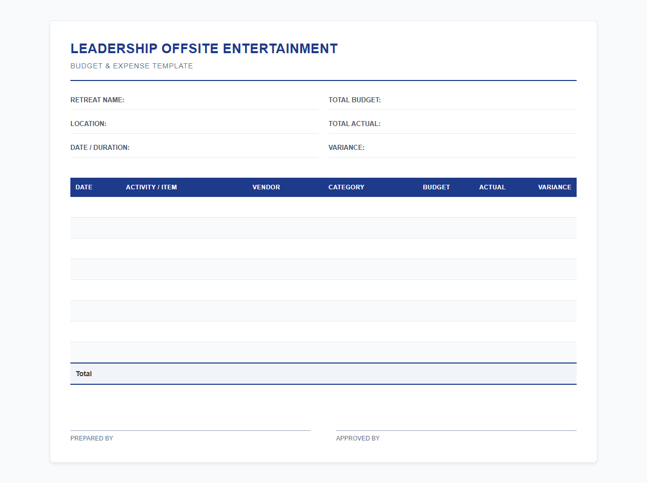 Leadership Offsite Entertainment Budget and Expense Sheet
