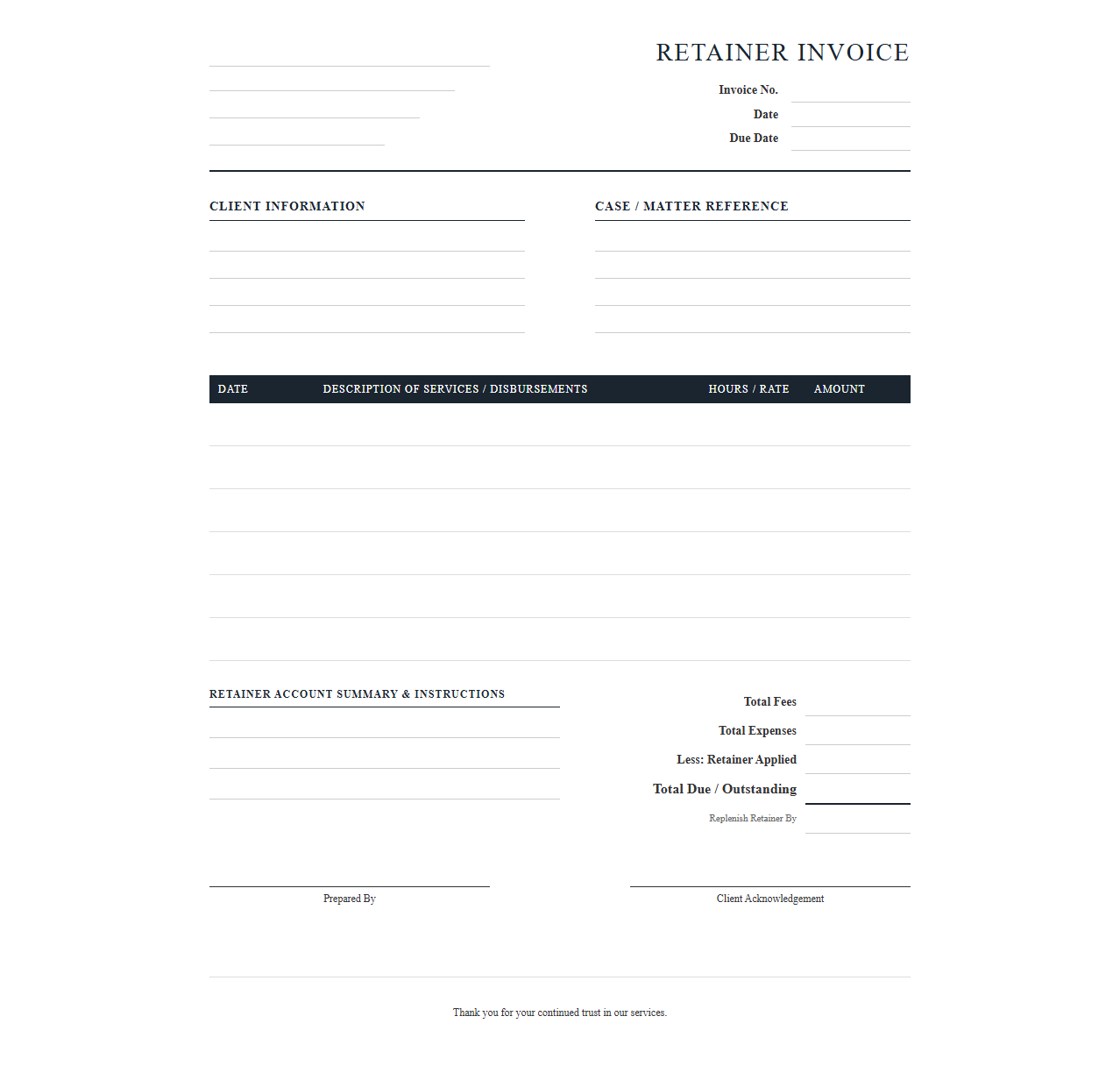 Legal Services Retainer Invoice Template