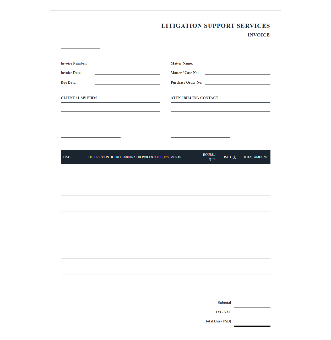 Litigation Support Services Billing Template