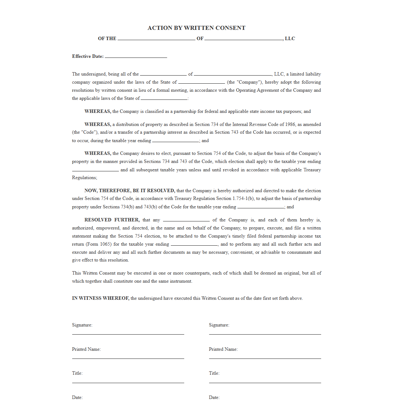 LLC Section 754 Tax Election Resolution Template