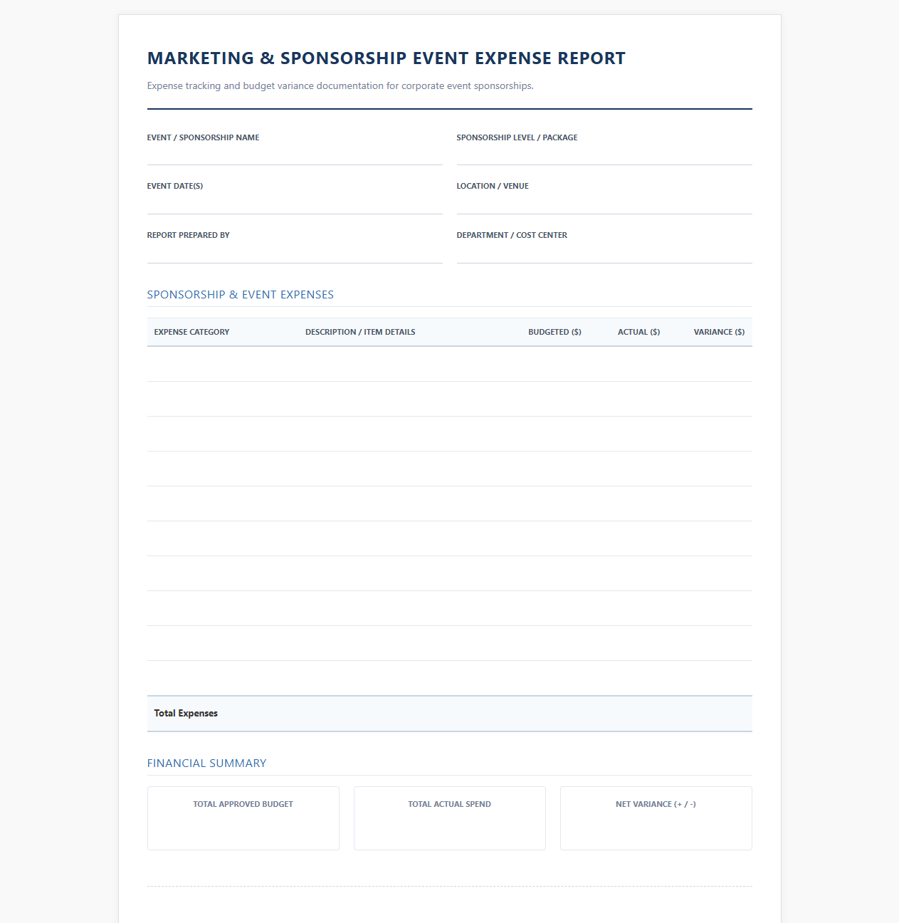 Marketing and Sponsorship Event Expense Report