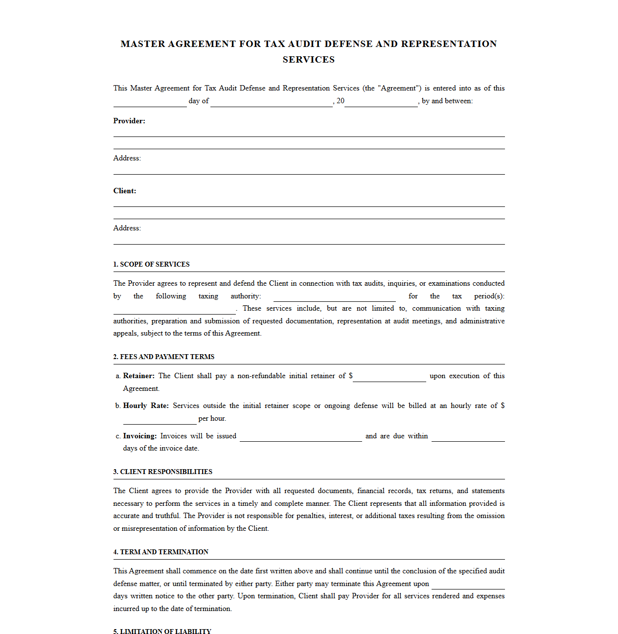 Master Agreement for Tax Audit Defense and Representation