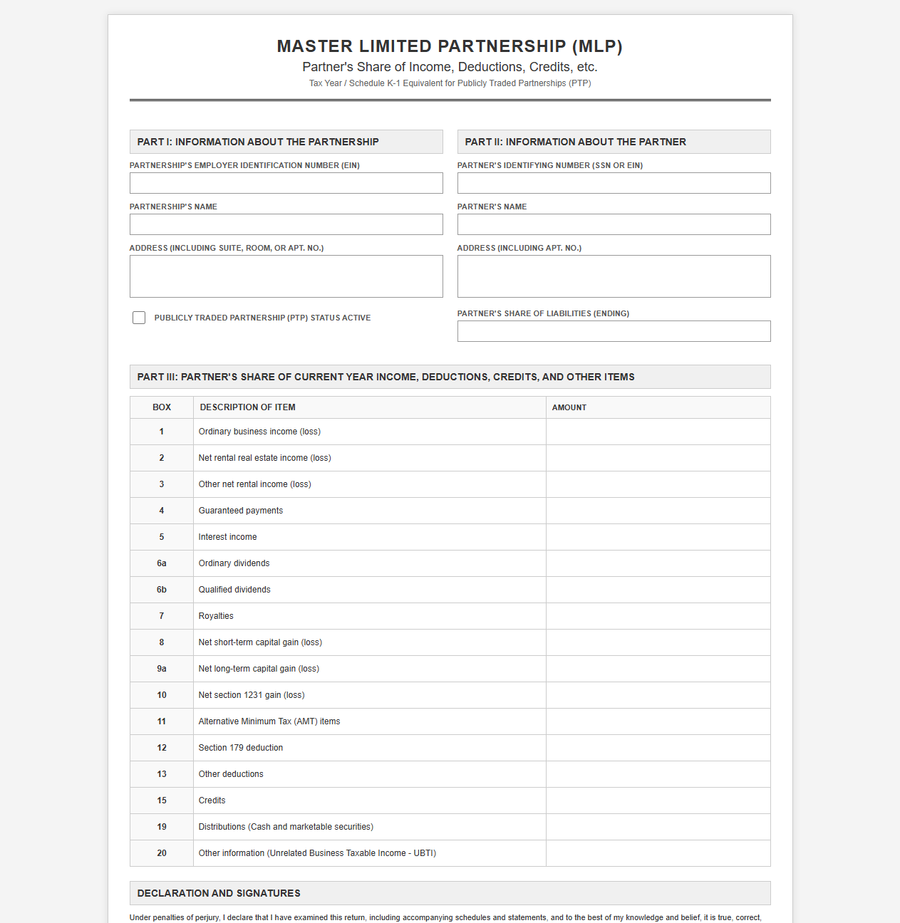 Master Limited Partnership Tax Return Template