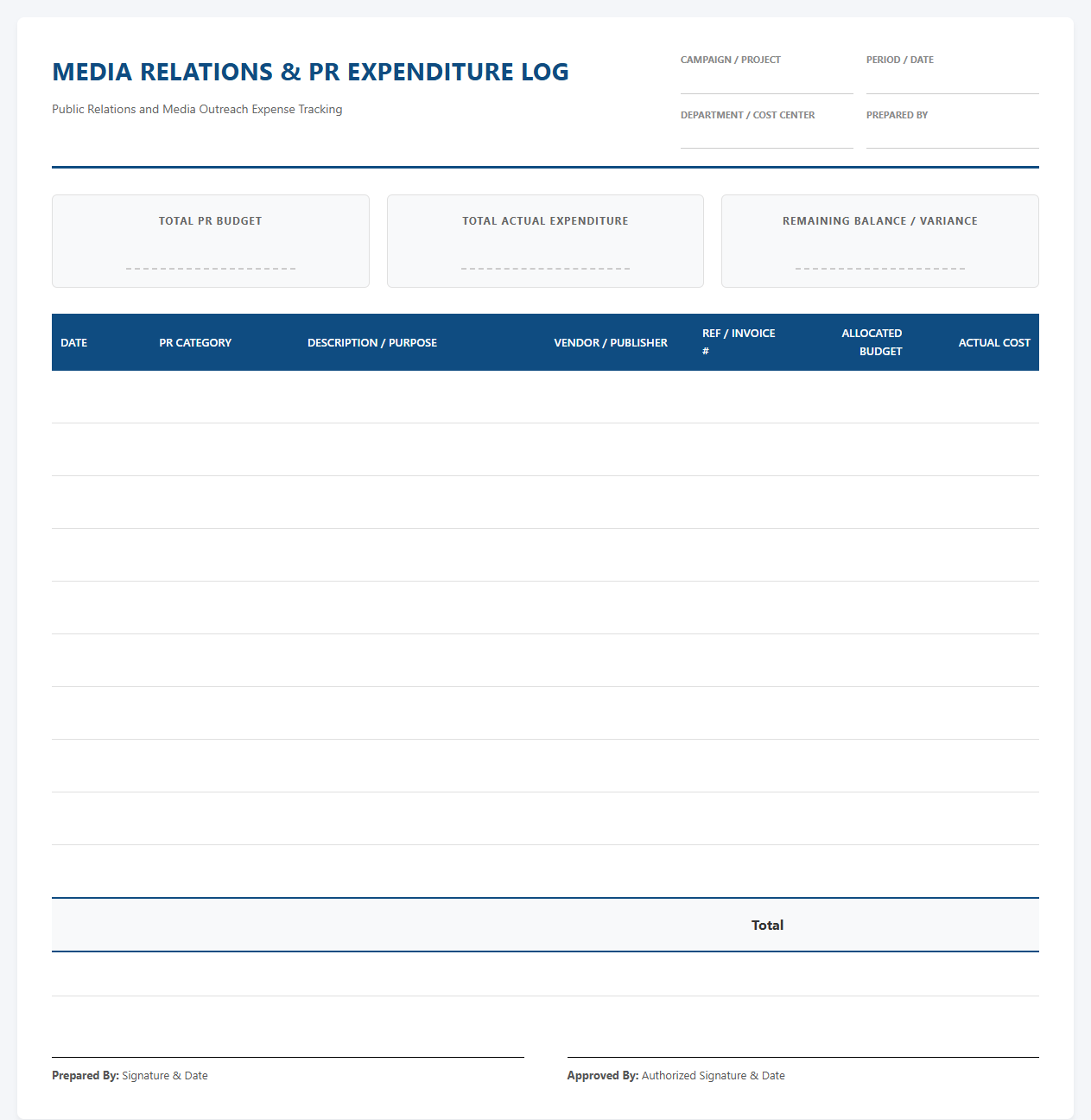 Media Relations and PR Expenditure Log