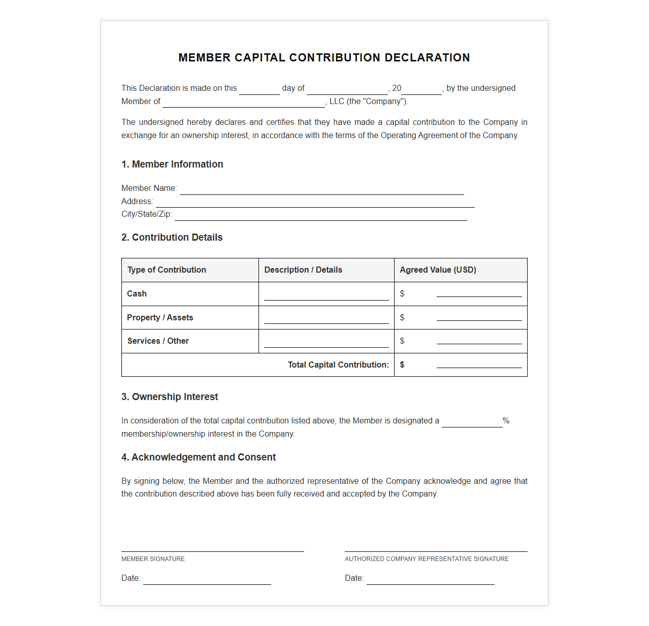 Member Capital Contribution Declaration Template