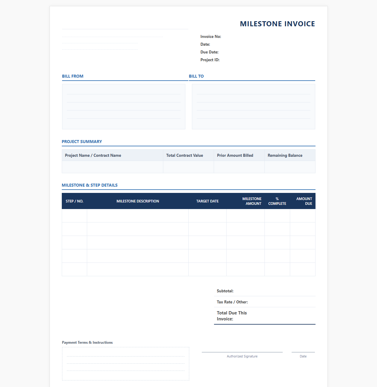 Milestone and Step Billing Invoice Template