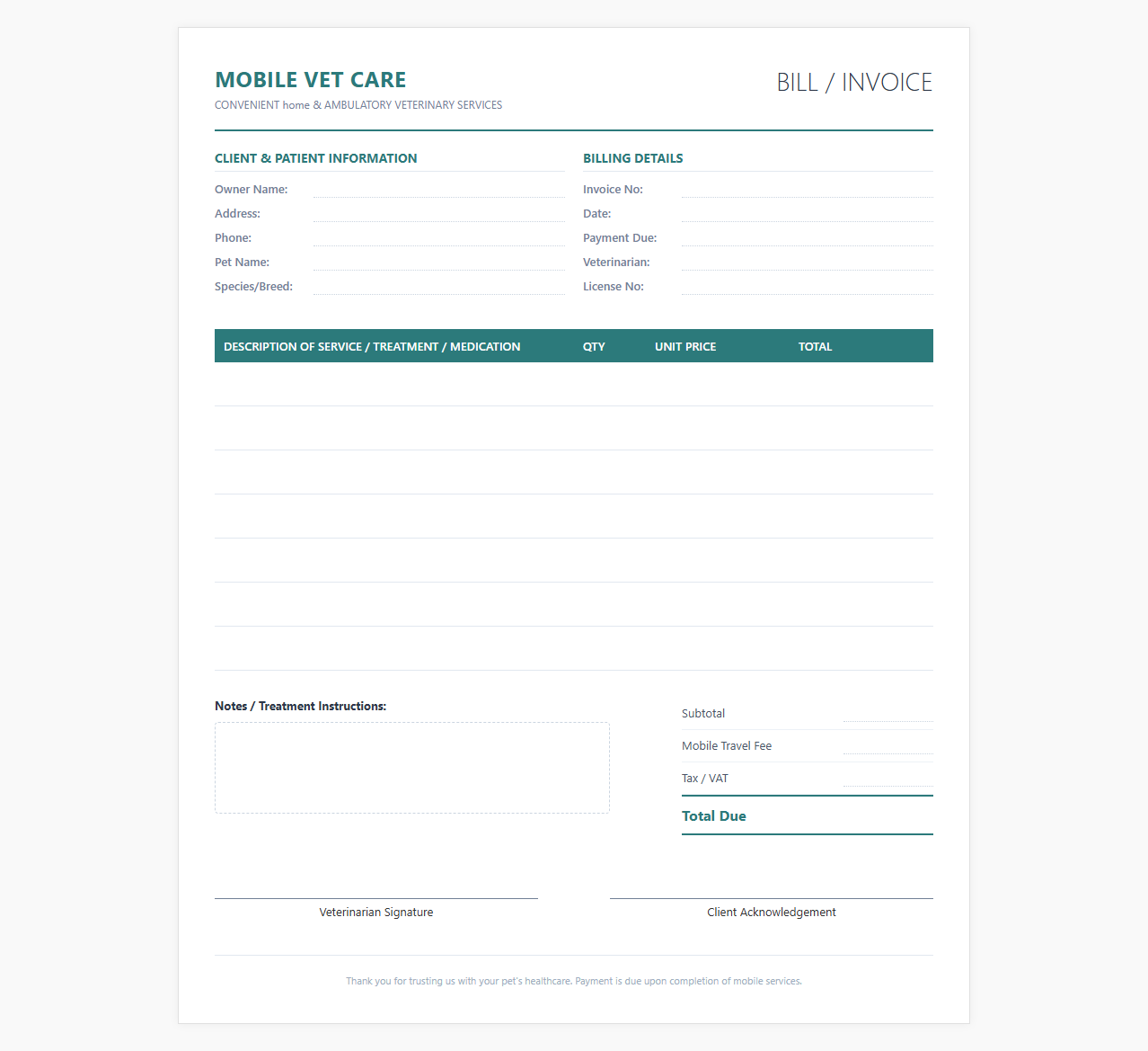 Mobile Vet Care Service Bill Template