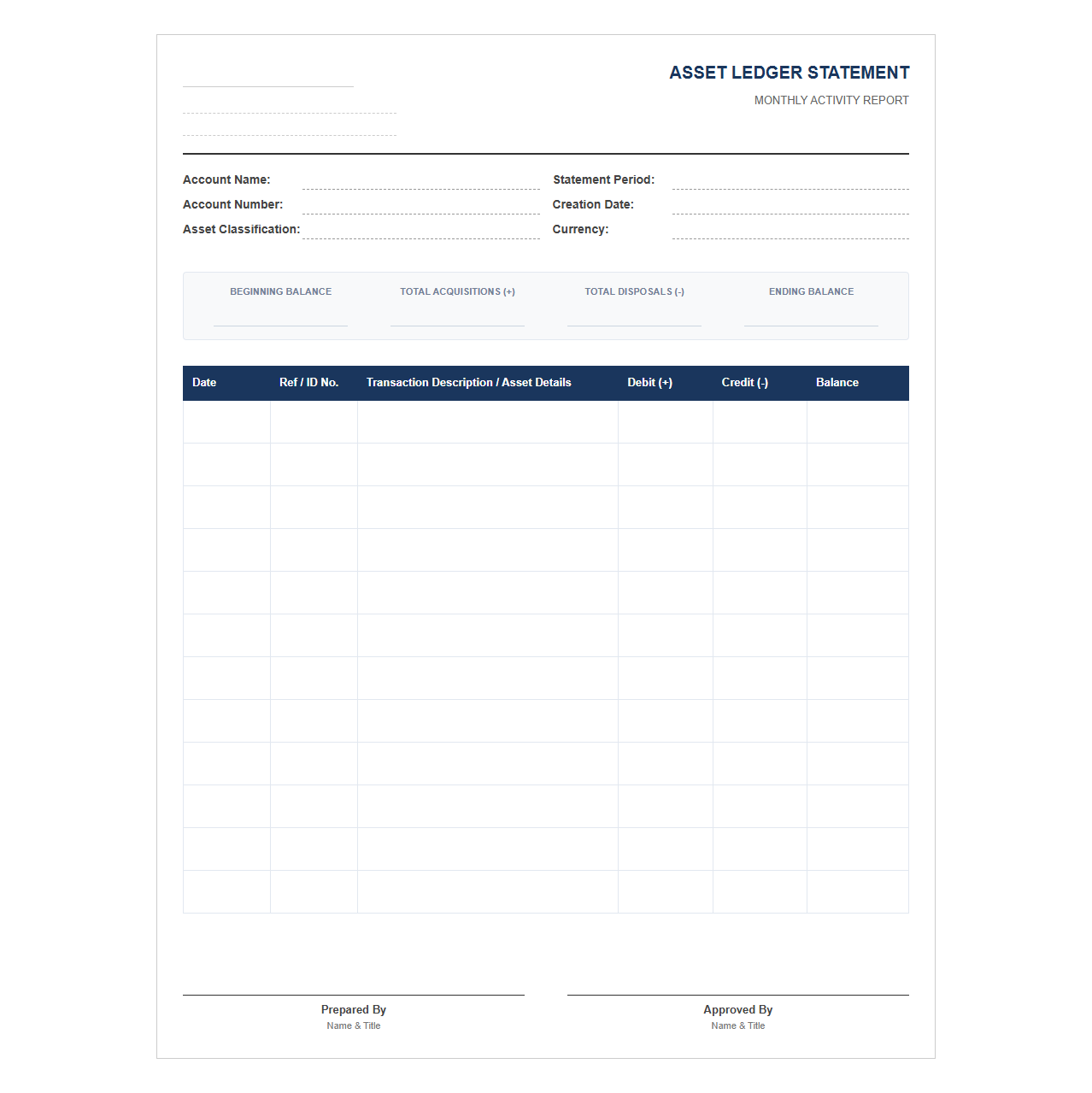 Monthly Asset Ledger Statement Template