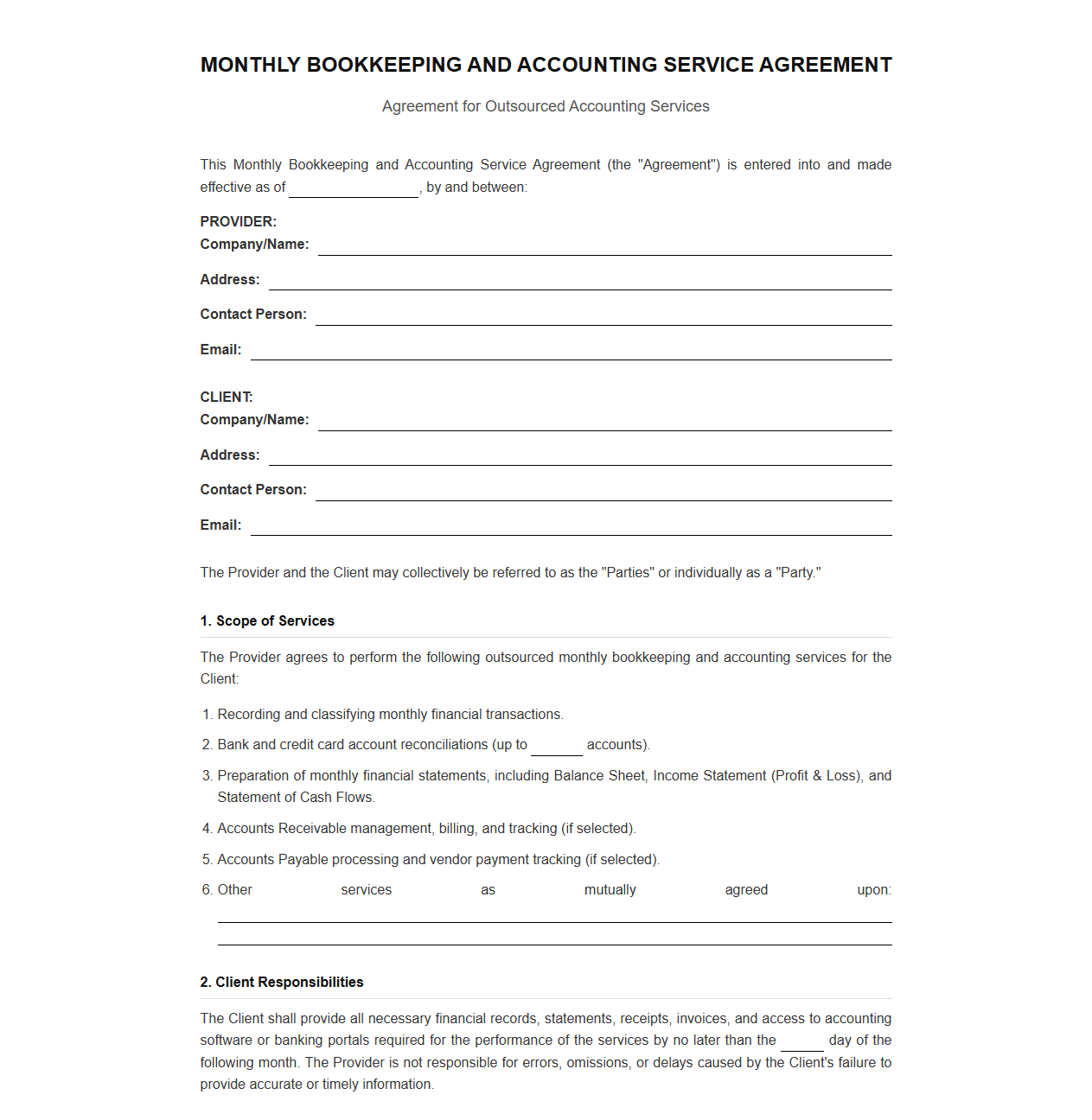 Monthly Bookkeeping and Accounting Service Agreement