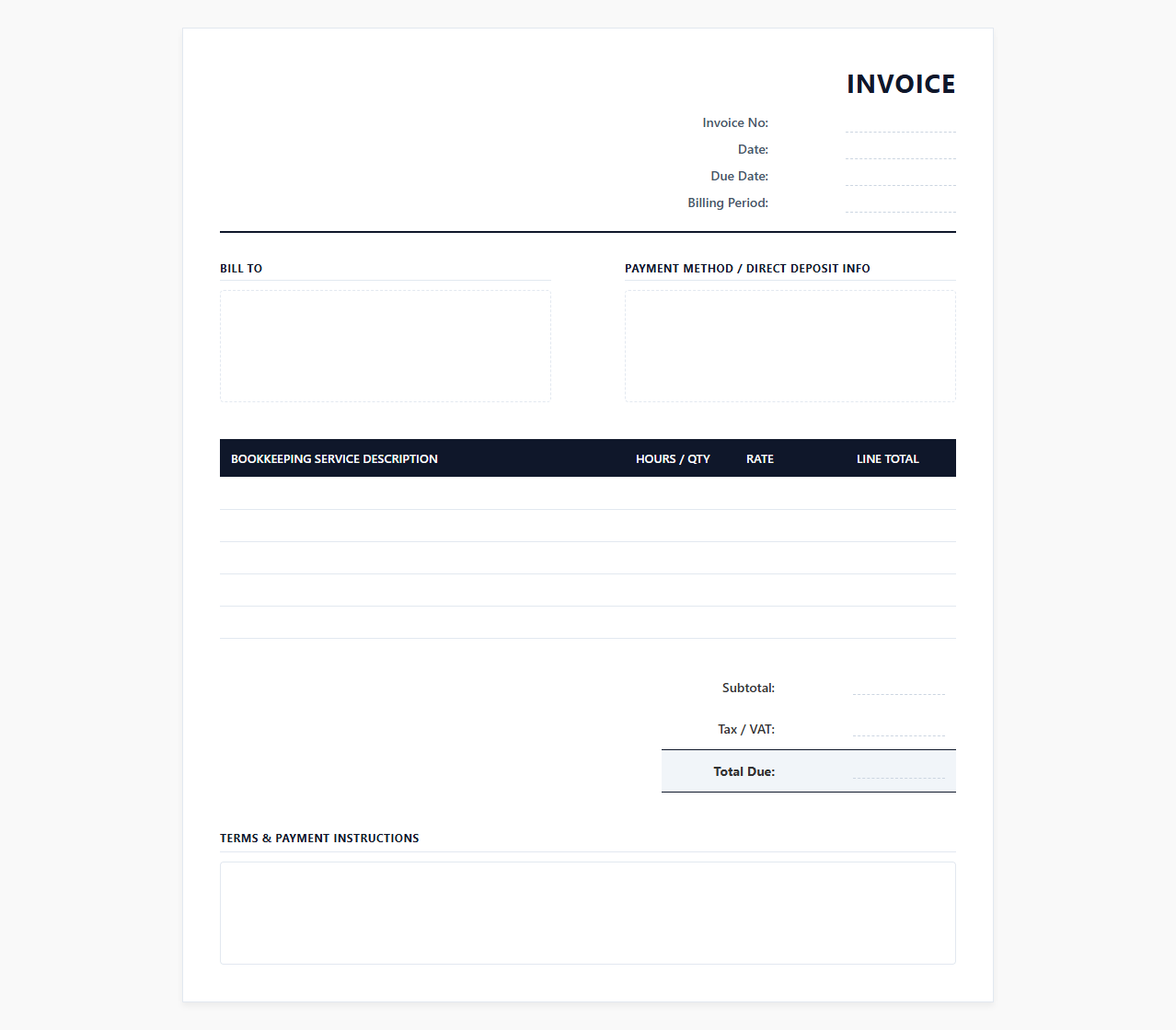 Monthly Bookkeeping Services Invoice Template