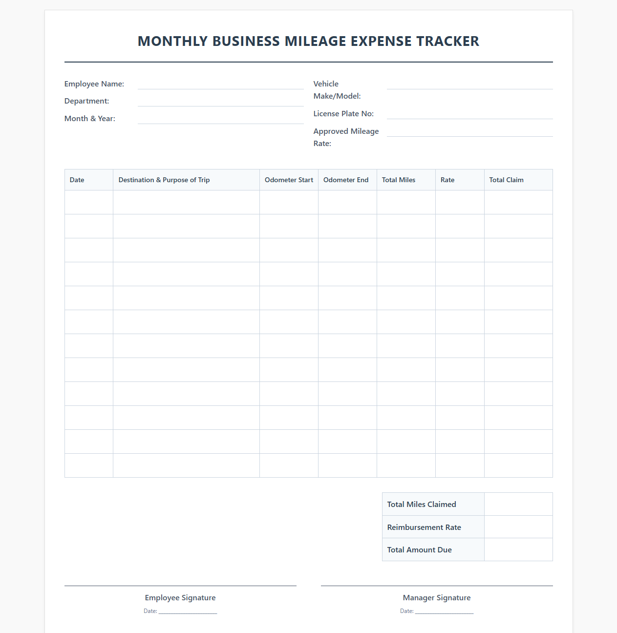 Monthly Business Mileage Expense Tracker