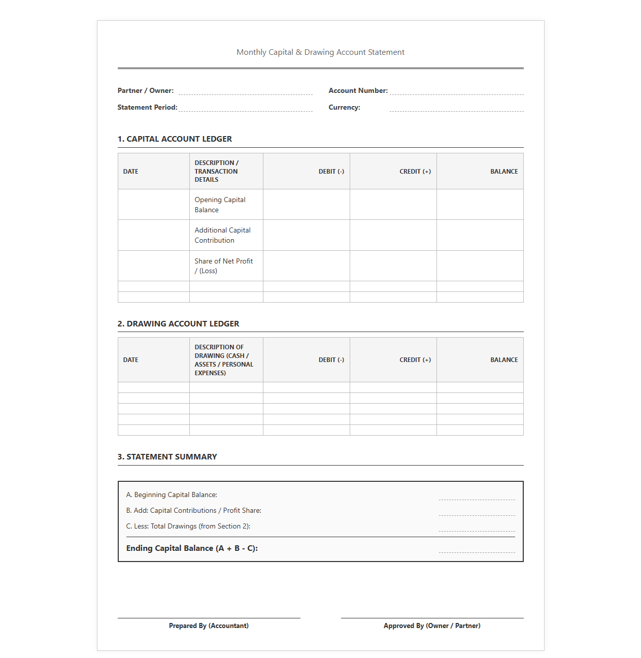 Monthly Capital and Drawing Account Statement