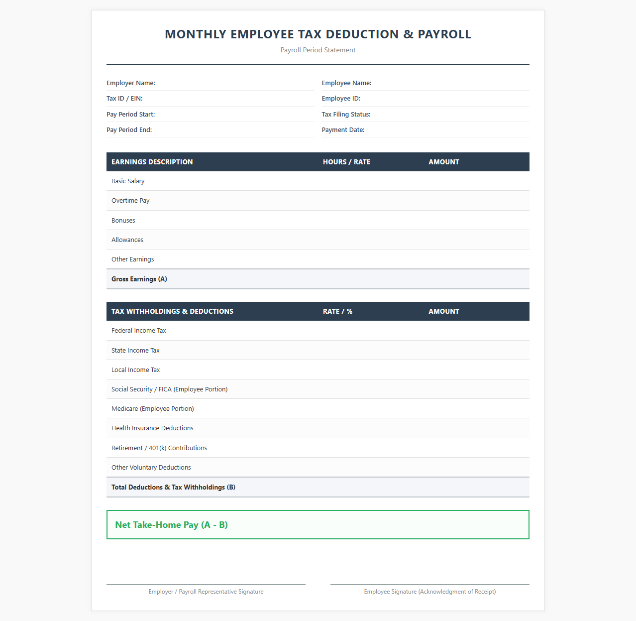 Monthly Employee Tax Deduction and Payroll Template