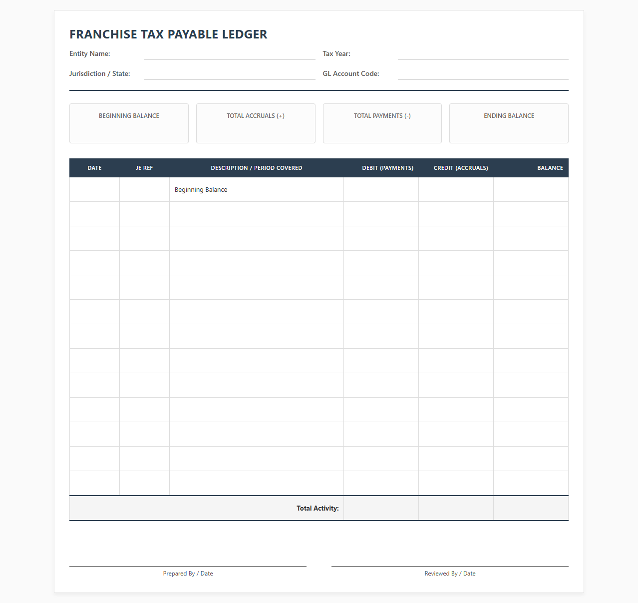 Monthly Franchise Tax Accrual Ledger Template