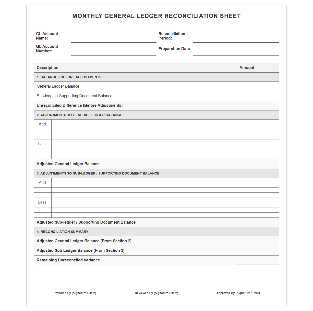 Monthly General Ledger Reconciliation Sheet