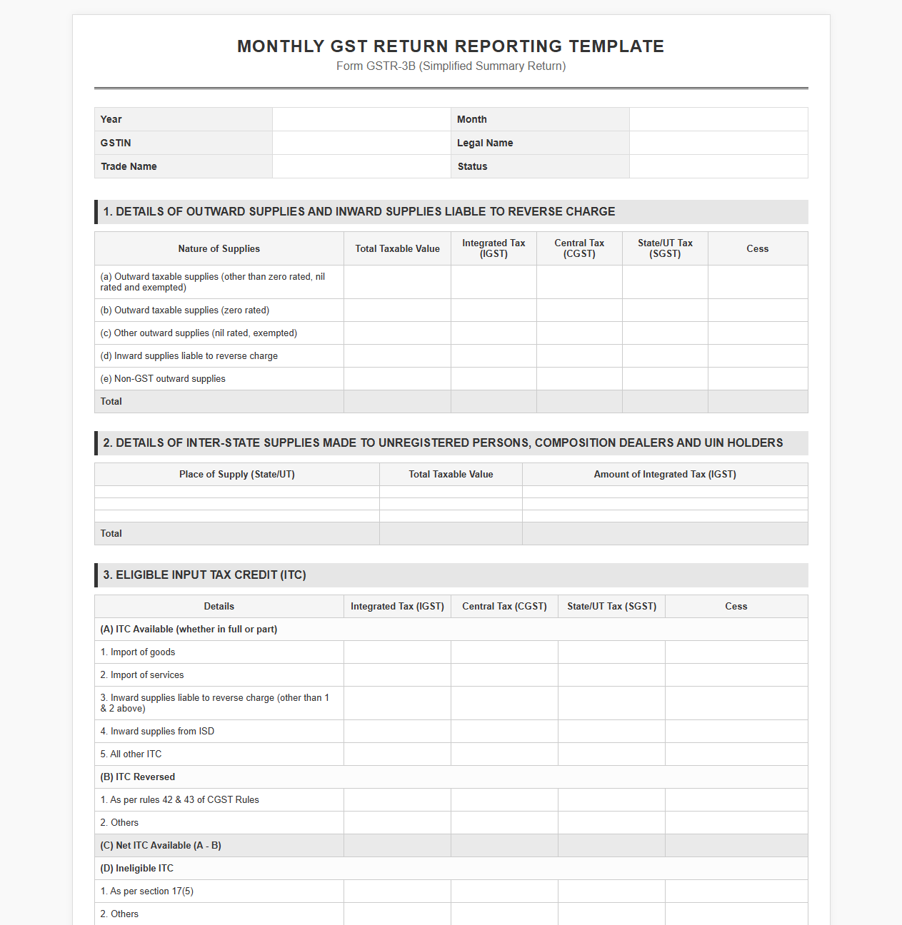 Monthly GST Return Reporting Template