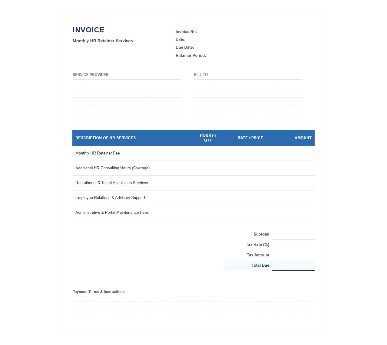 Monthly HR Retainer Services Invoice
