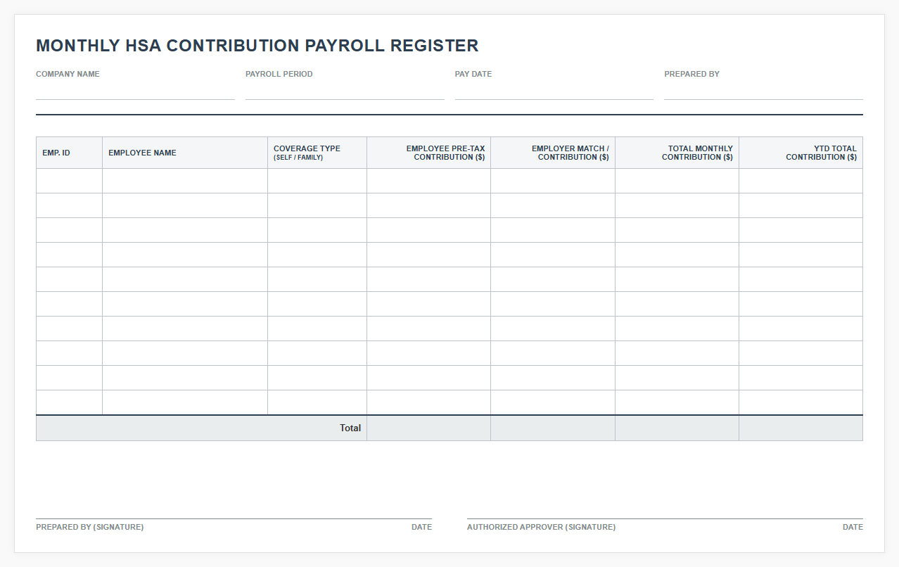 Monthly HSA Contribution Payroll Register Template