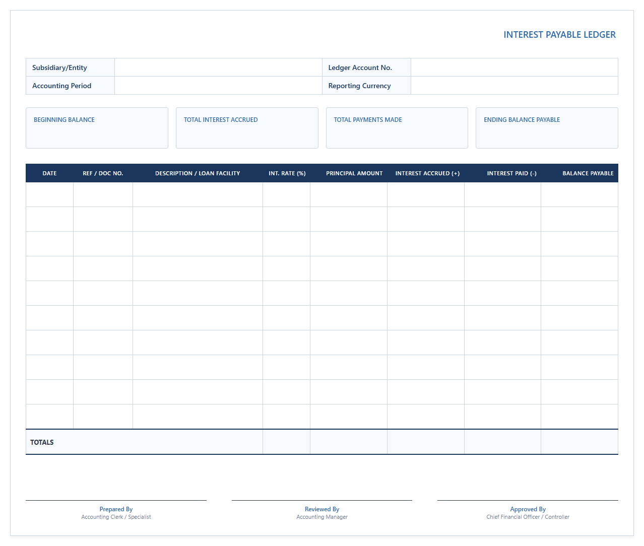 Monthly Interest Payable Accounting Template