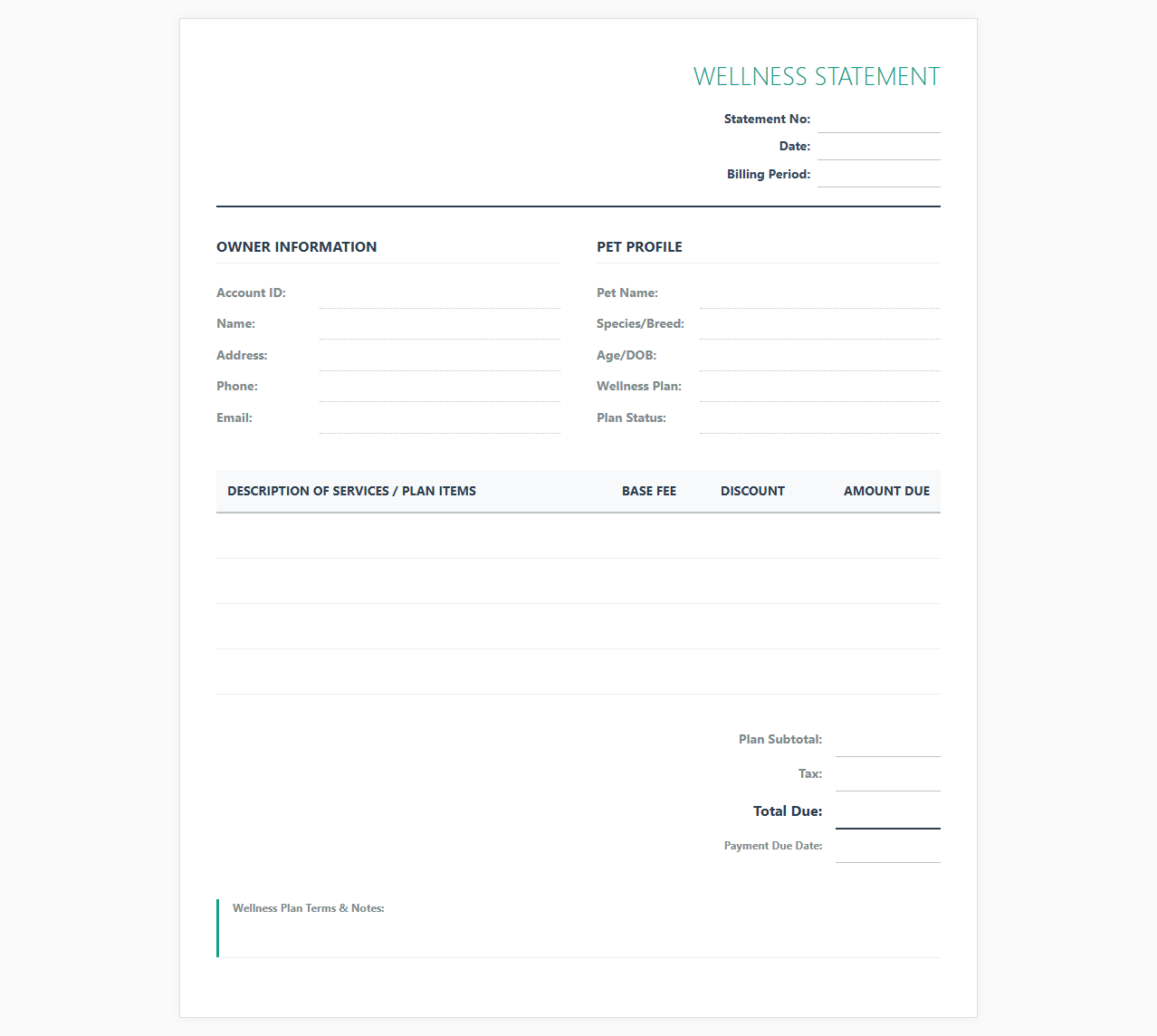 Monthly Pet Wellness Plan Billing Statement