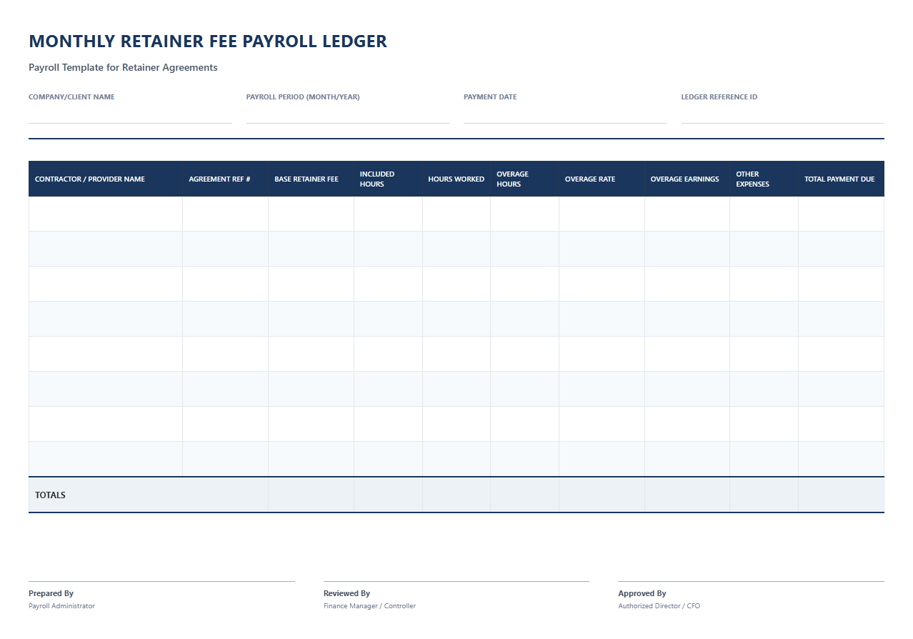 Monthly Retainer Fee Payroll Ledger