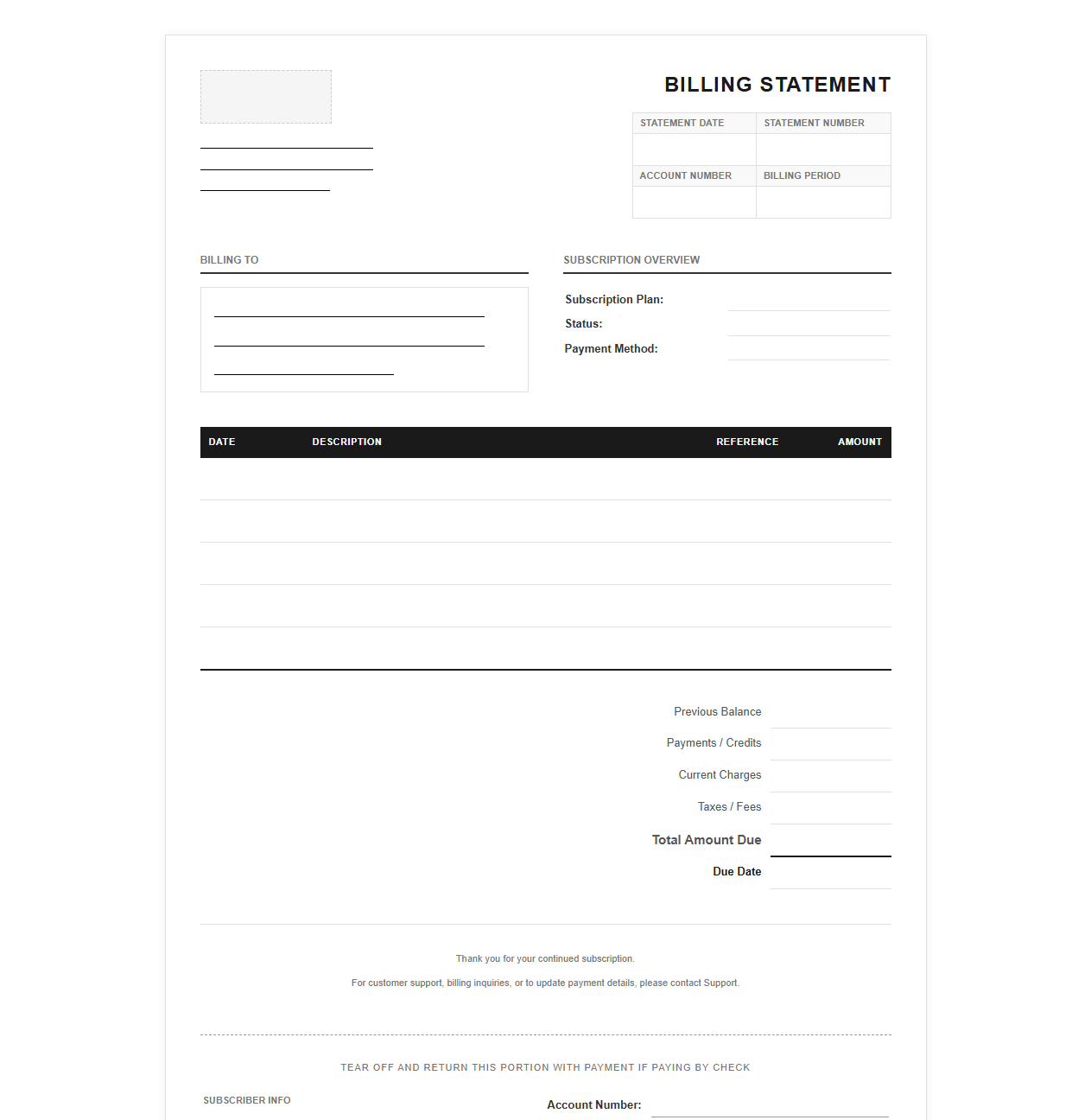 Monthly Subscription Billing Statement Template